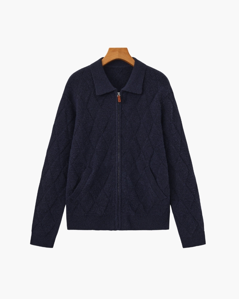 Heritage Diamond Knit Zip-Up Cardigan